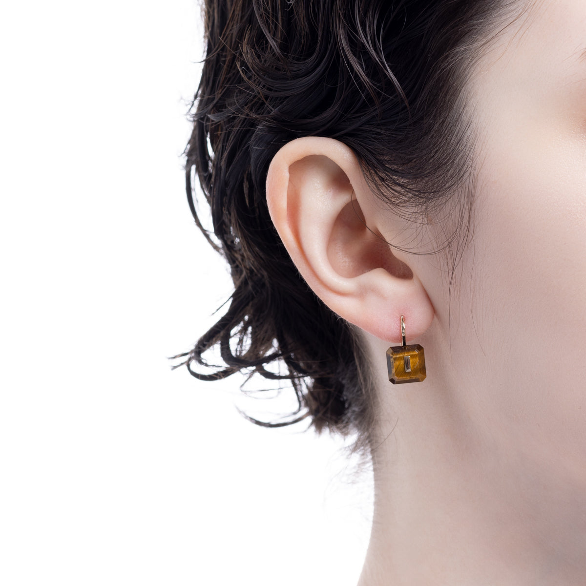 BIRD OF PARADISE Naked Square Stone Hook Earring, Tiger's eye