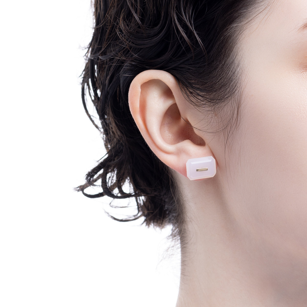 BIRD OF PARADISE Naked Rectangle Stone Stud Earring, White Chalcedony
