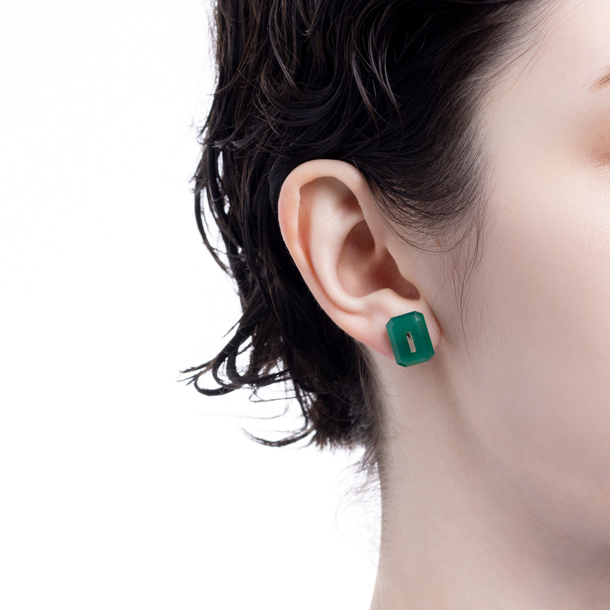 BIRD OF PARADISE Naked Rectangle Stone Stud Earring, Green Agate