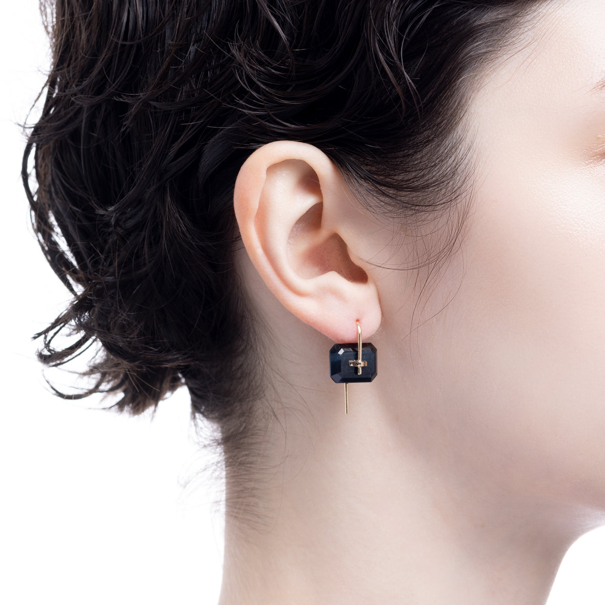 BIRD OF PARADISE Naked Rectangle Stone Hook Earring, Blue Tiger's eye