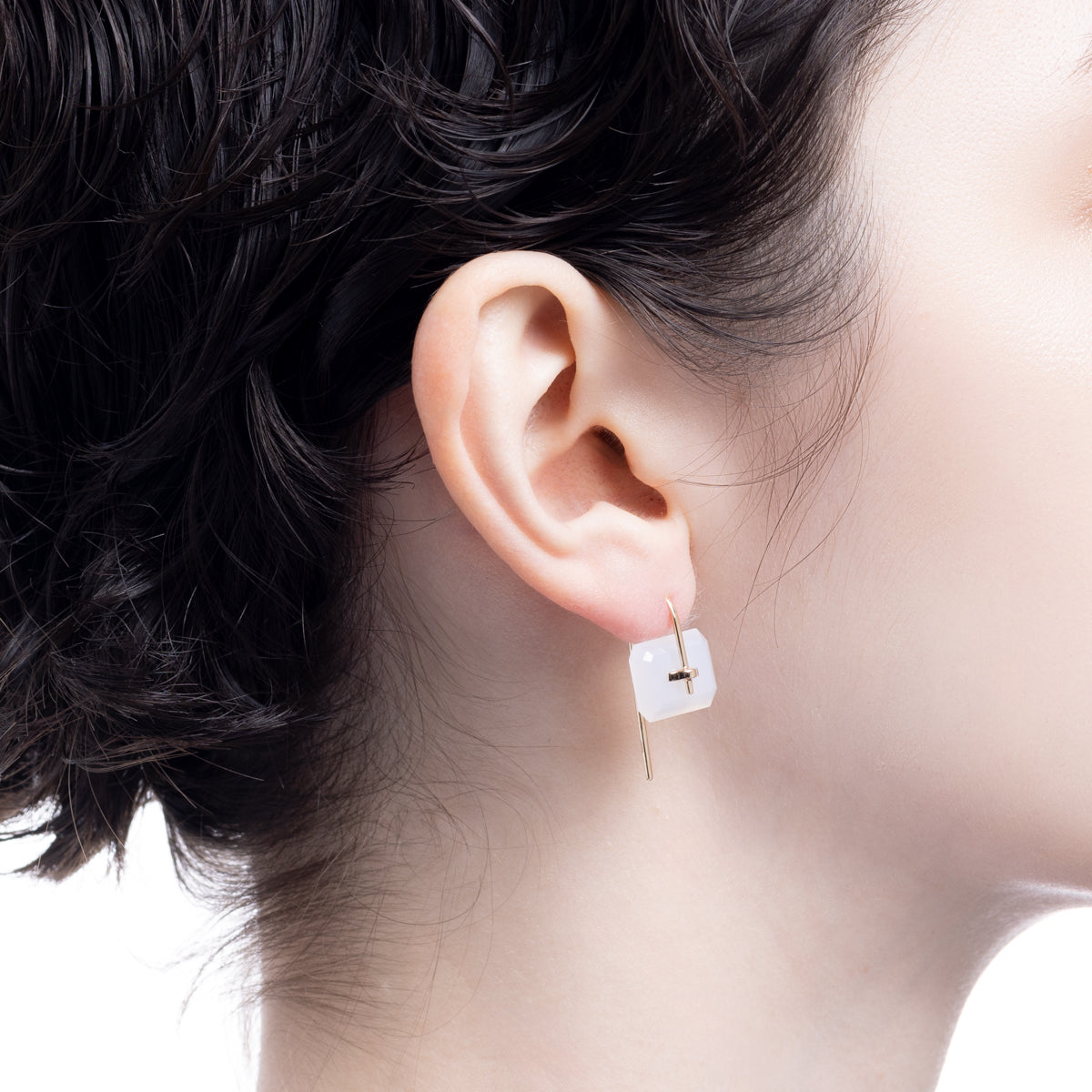 BIRD OF PARADISE Naked Rectangle Stone Hook Earring, White Chalcedony