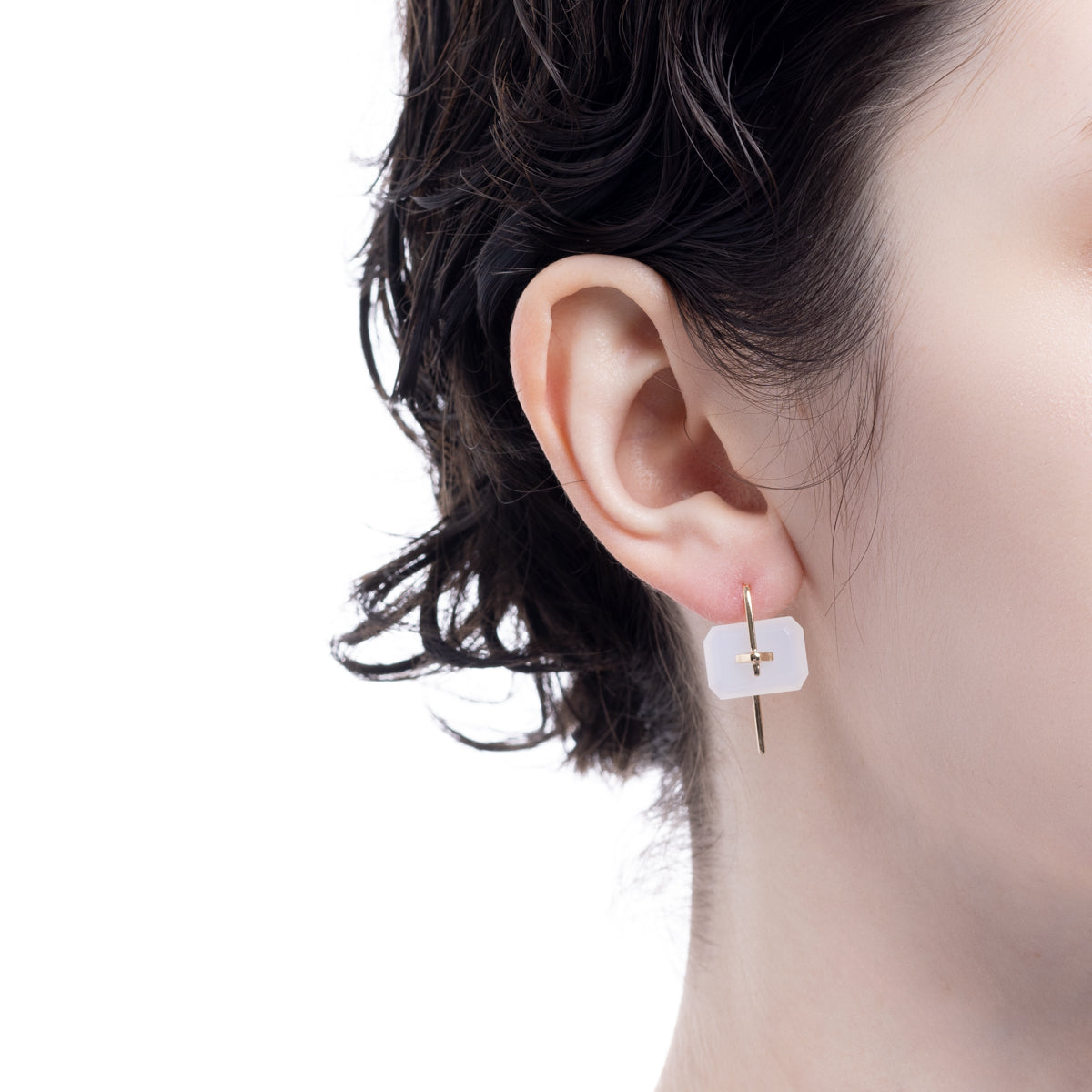 BIRD OF PARADISE Naked Rectangle Stone Hook Earring, White Chalcedony