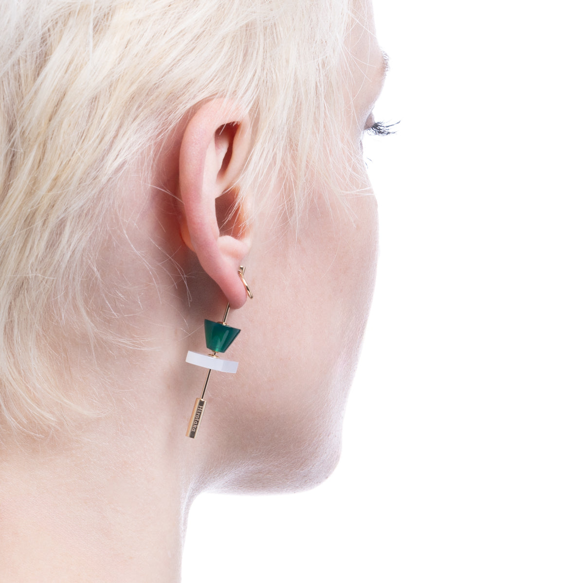 SPEAR Door Knocker Earring Large size, White Chalcedony & Green Agate
