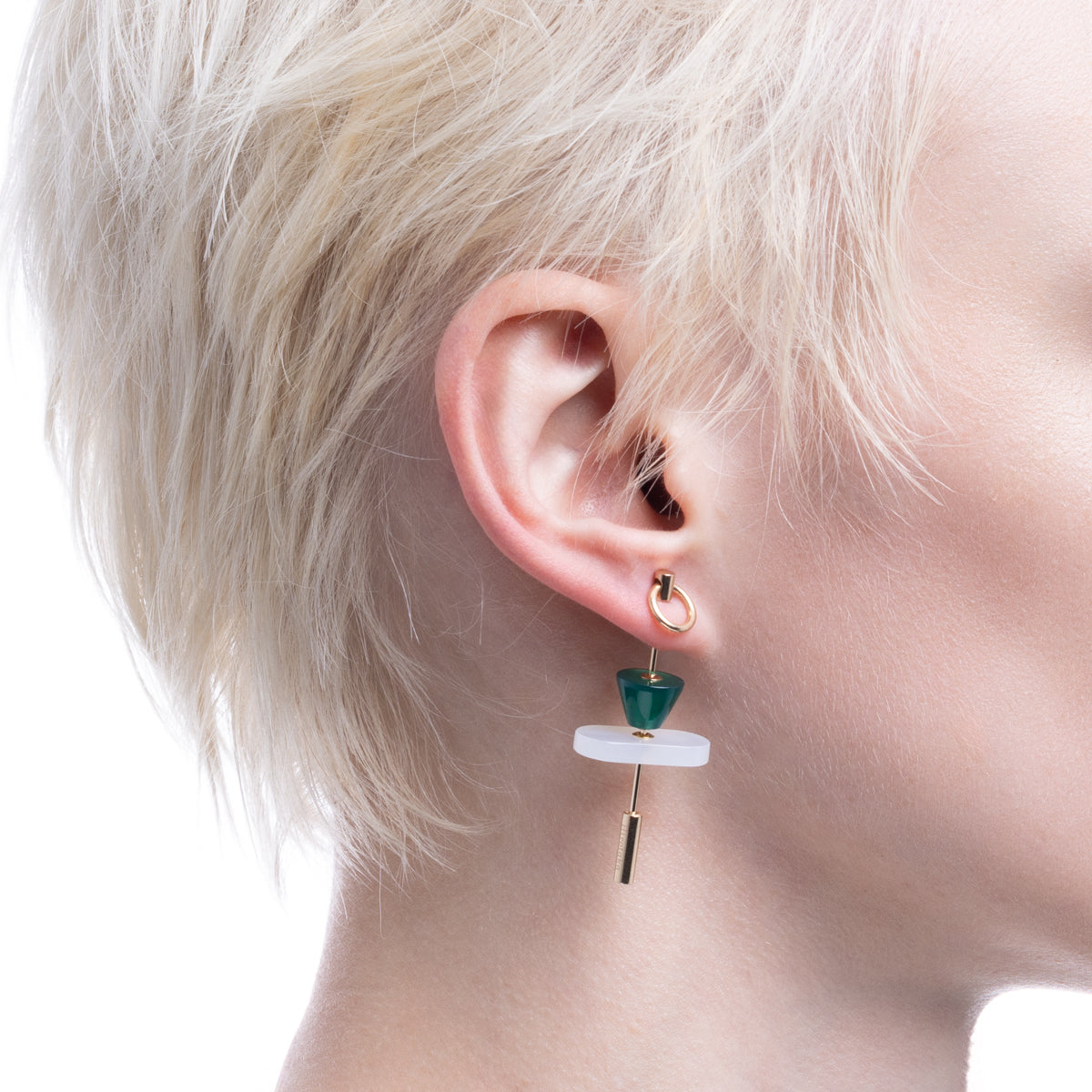SPEAR Door Knocker Earring Large size, White Chalcedony & Green Agate