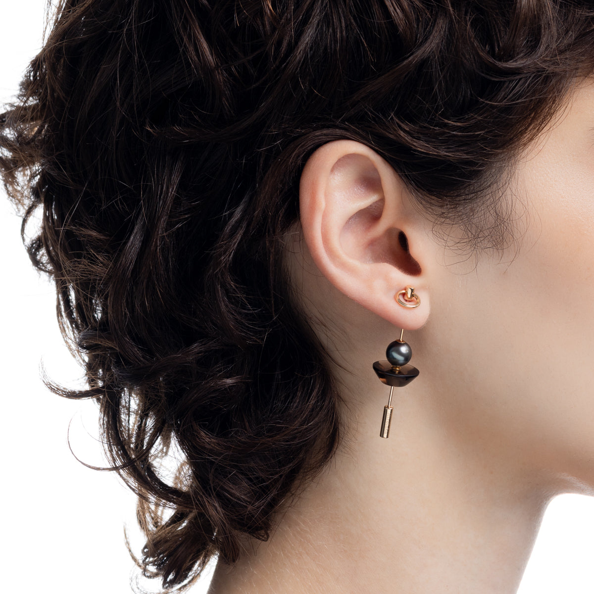 SPEAR Door Knocker Earring Large size, Tahiti Pearl&Smorky Quartz
