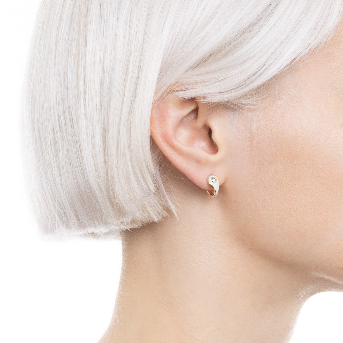 BIRD OF PARADISE Enamel Diamond Hoop Earring in Ivory White