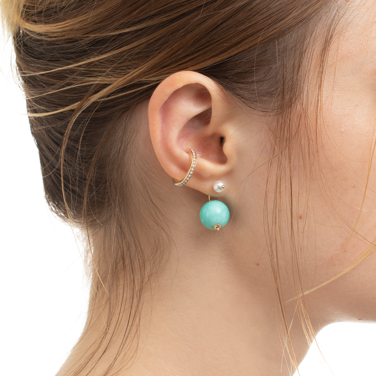 BUMBLE BEE Pearl Earring w/ Amazonite Backing