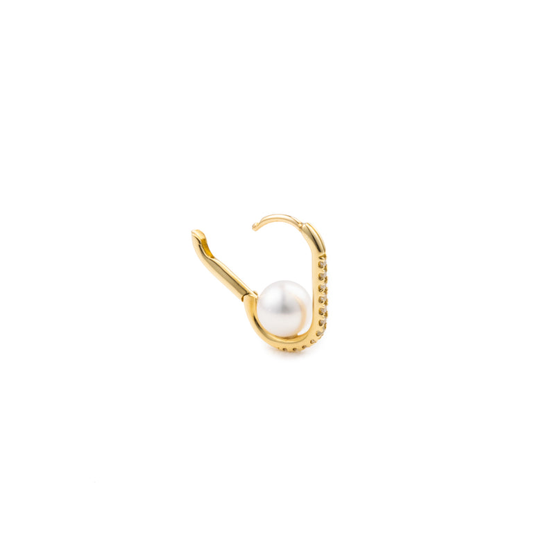18k "Manhattan" Akoya Pearl Diamond Oblong Huggie Earring M size