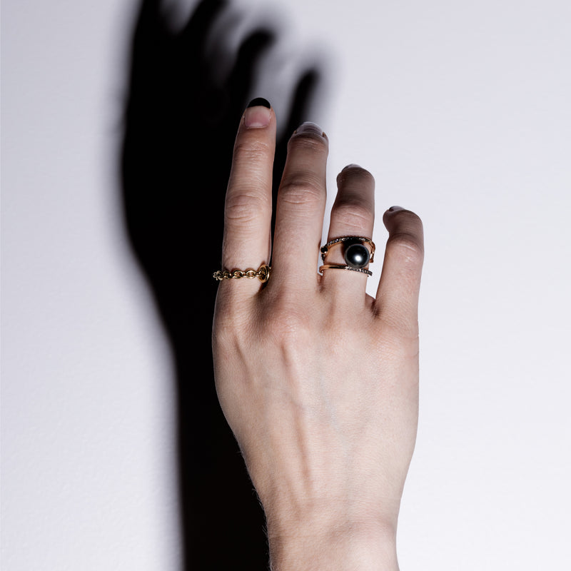 【Made-To-Order】"Drosera"  Diamond Tahiti Pearl Ring (Black Ruthenium Plated)