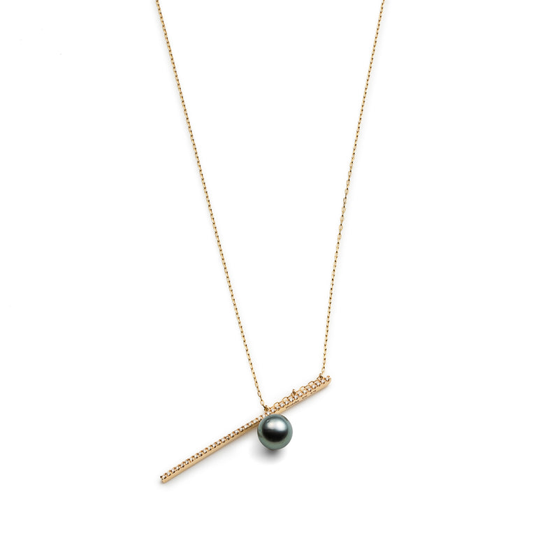 "Drosera"  Diamond Tahiti Pearl Long Bar Necklace