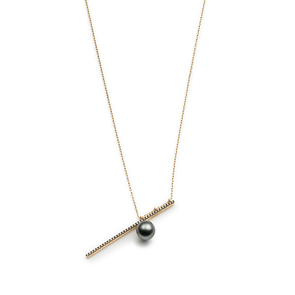 【Made-To-Order】DROSERA  Diamond Tahiti Pearl Long Bar Necklace (Black Ruthenium Plated)