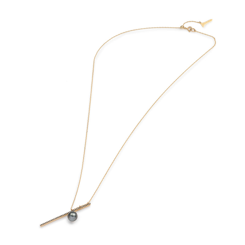 【Made-To-Order】"Drosera"  Diamond Tahiti Pearl Long Bar Necklace (Black Ruthenium Plated)