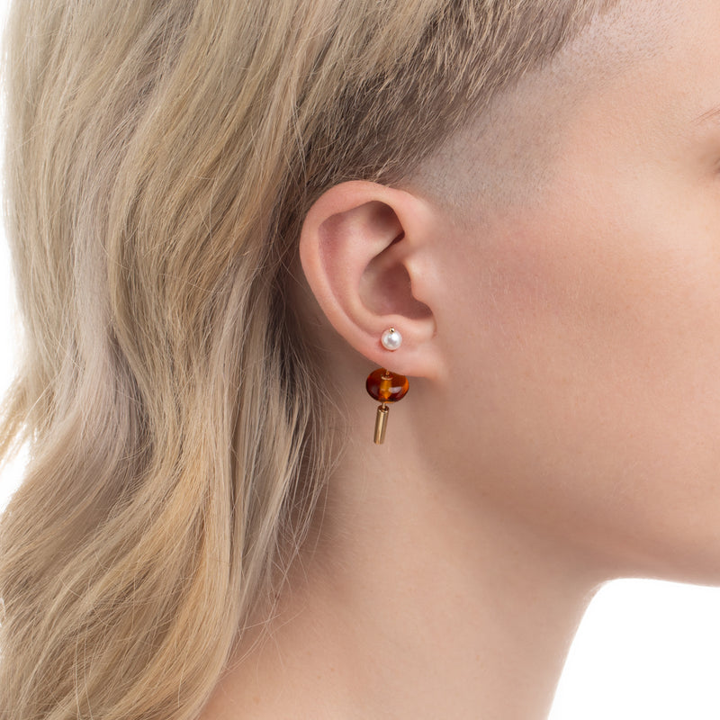 "Mini Spear" Golden Amber and Pearl Earring